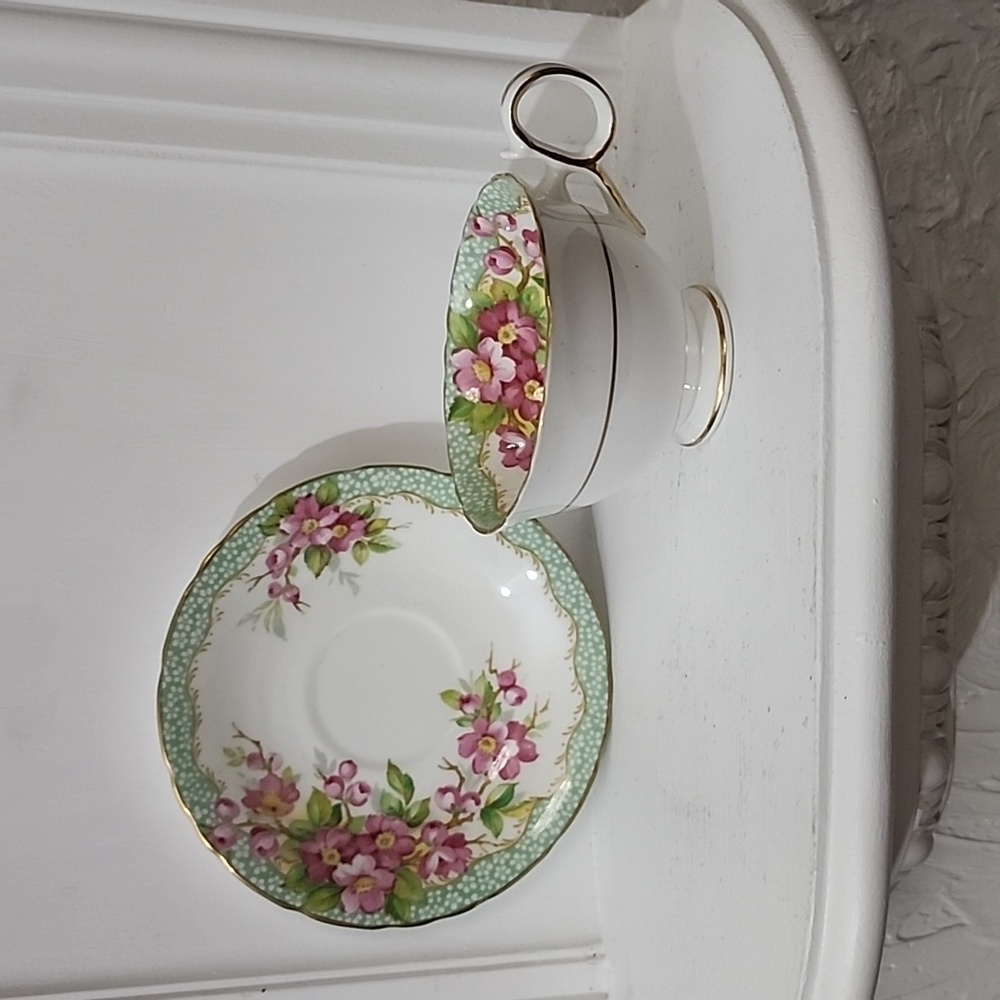 Vintage Delphine China Teacup and Saucer in Orchard Pattern, 1930's Bone China 